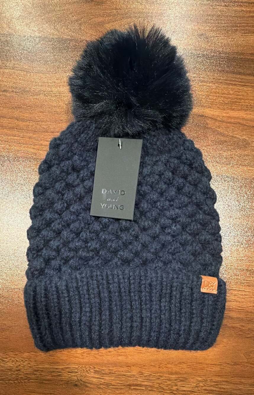 David And Young Textured Pom Beanie Navy